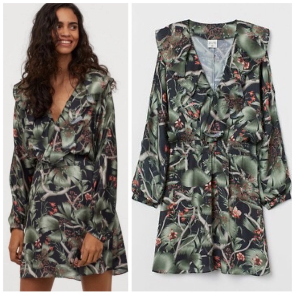JOHANNA ORTIZ X H&M Women Size S Green Tropical Floral Print Mini‎ Flounce Dress